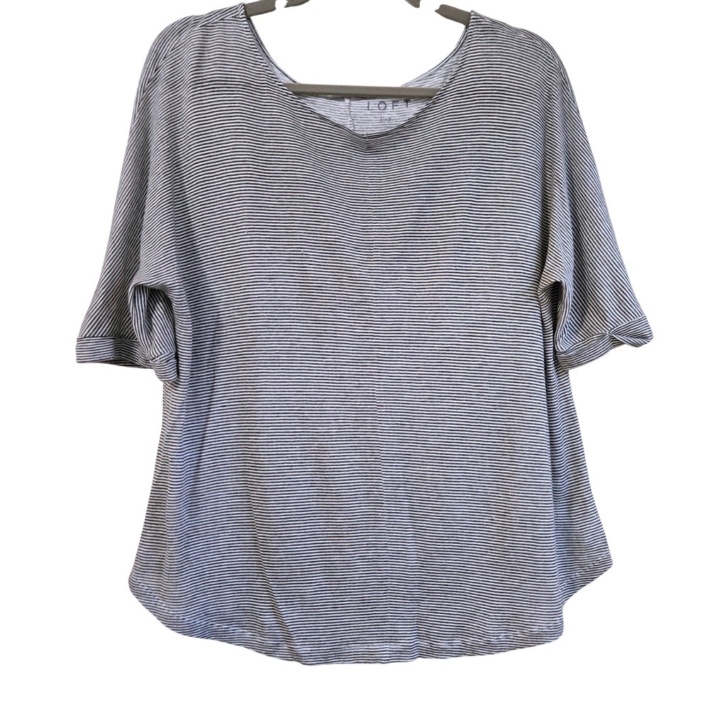Loft Linen Blend Striped Dolman Short Sleeve Scoop Neck Top‎ Gray White Size M